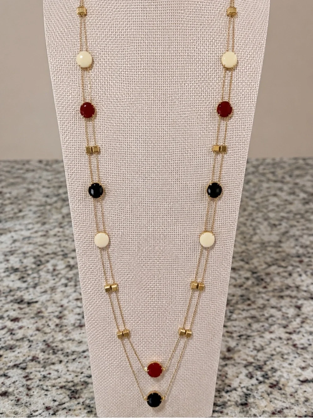 NY & Company Gold Tone Double Layer Station Necklace Red Black Ivory Enamel Bead - Picture 3 of 4